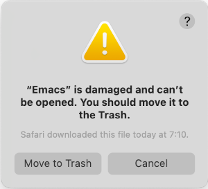 Emacs is damaged and can't be opend. You should move it to the Trash.